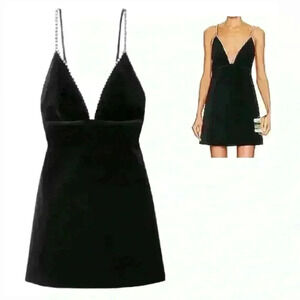 Revolve HOUSE OF HARLOW Black Satin Slip Plunge Deep V Sexy Rhinestone Dress